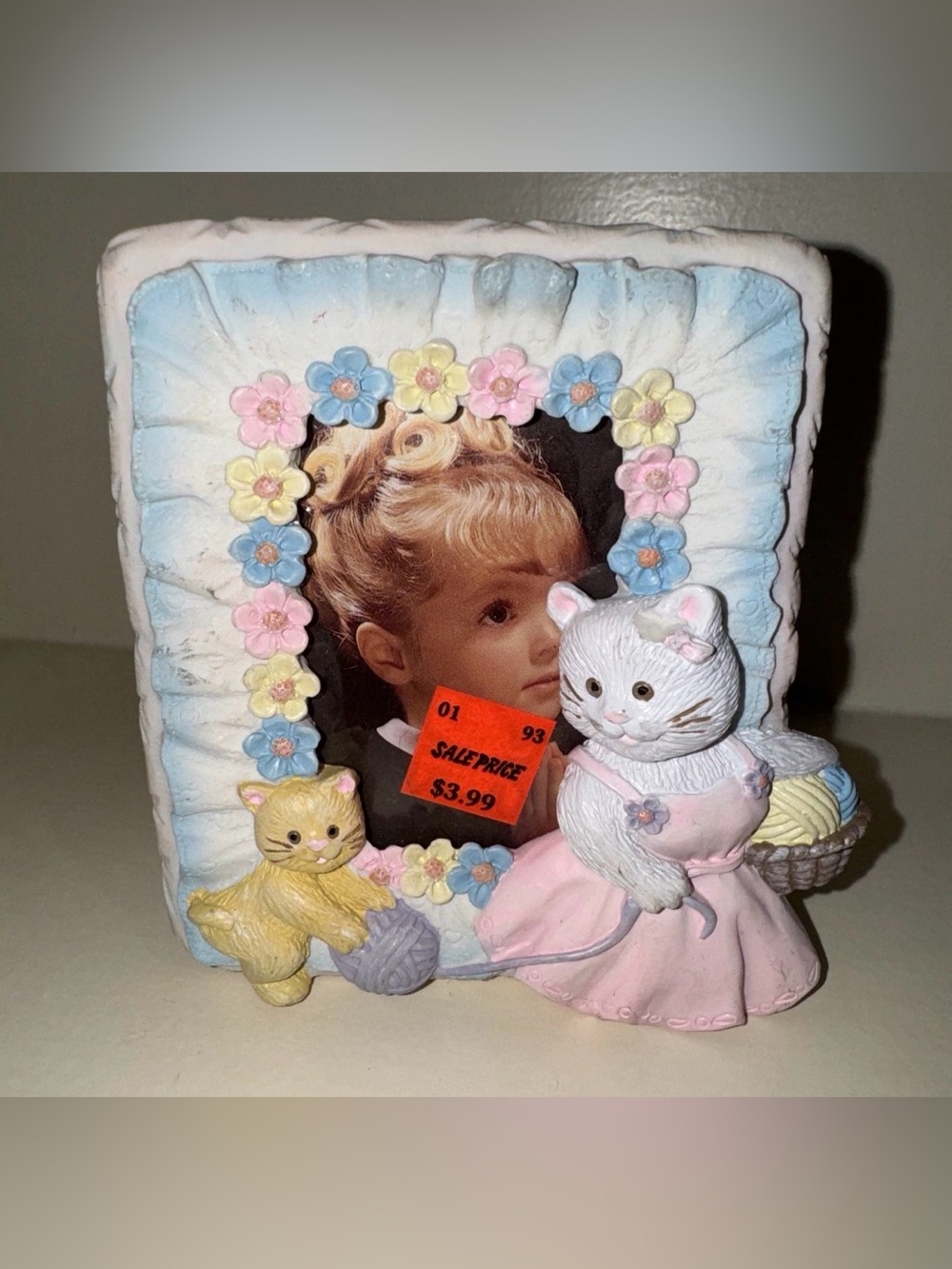 Vintage 1993 90s Kittens Cats Girls Pink Dress Pastel Yarn Photo Frame 2.5" x 4